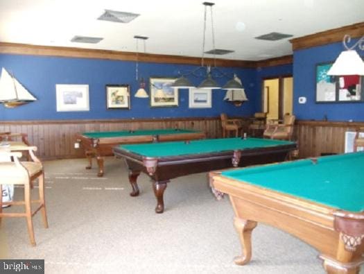 7482 Jeffreys Way, Easton, MD 21601 - recreation room with a wainscoted wall, pool table, wood walls, and carpet floors
