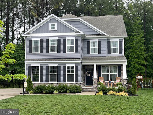 16801 Chalet Ct, Chesterfield, VA 23832 - craftsman house featuring covered porch, stone siding, and roof with shingles