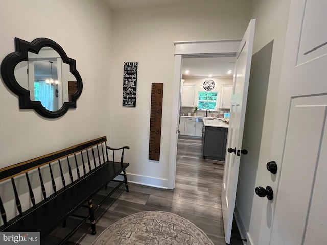 16801 Chalet Ct, Chesterfield, VA 23832 - hall featuring dark wood finished floors, baseboards, and stairway