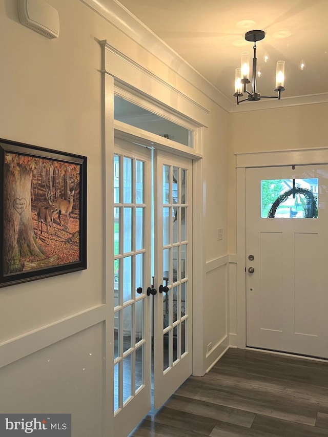16801 Chalet Ct, Chesterfield, VA 23832 - foyer entrance with a chandelier, dark wood-style floors, french doors, and ornamental molding