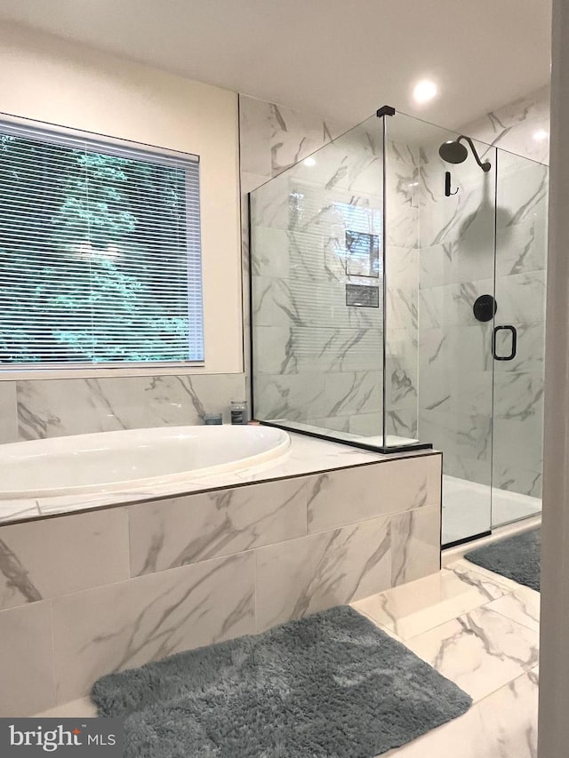 16801 Chalet Ct, Chesterfield, VA 23832 - full bathroom with a marble finish shower, a bath, and marble look tile flooring