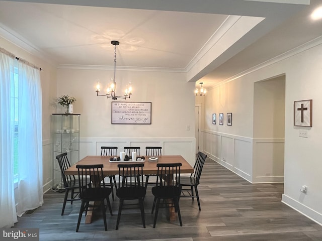 16801 Chalet Ct, Chesterfield, VA 23832 - dining space featuring a chandelier, dark wood-type flooring, wainscoting, crown molding, and a decorative wall