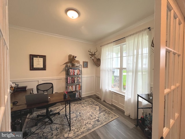 16801 Chalet Ct, Chesterfield, VA 23832 - office area featuring crown molding, dark wood-style flooring, and a wainscoted wall