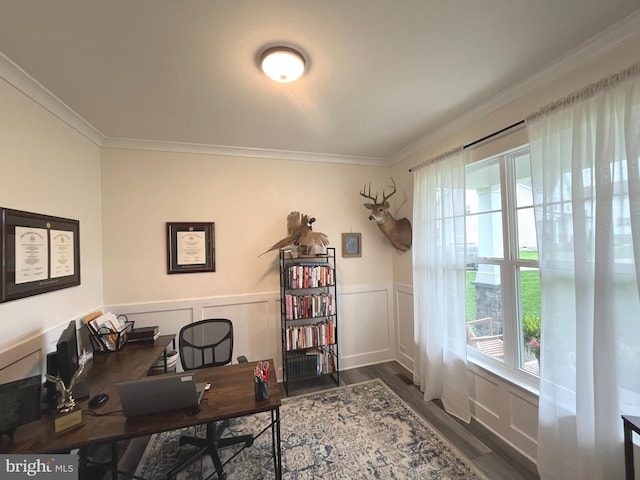 16801 Chalet Ct, Chesterfield, VA 23832 - home office featuring crown molding, dark wood finished floors, and wainscoting