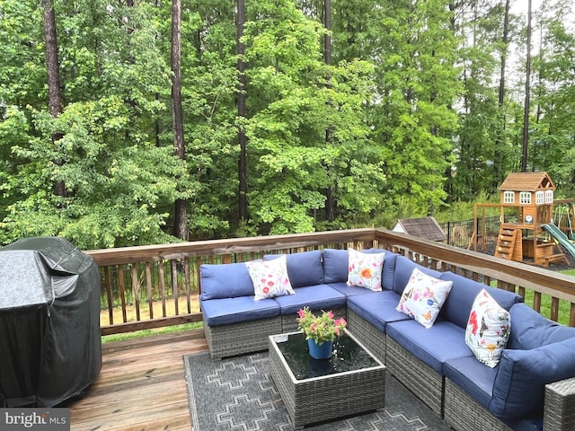 16801 Chalet Ct, Chesterfield, VA 23832 - deck featuring an outdoor living space, a playground, and area for grilling