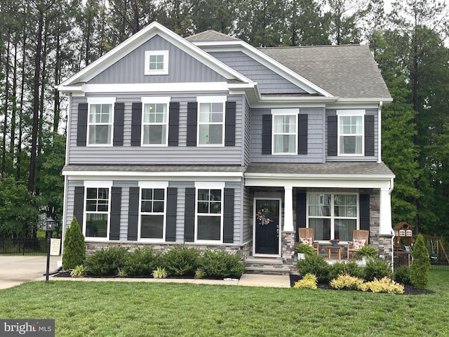 16801 Chalet Ct, Chesterfield, VA 23832 - craftsman inspired home with stone siding, a shingled roof, covered porch, and board and batten siding