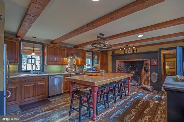 1249 Pebble Hill Rd, Doylestown, PA 18901 - kitchen with appliances with stainless steel finishes, a sink, wooden counters, dark wood finished floors, and beamed ceiling