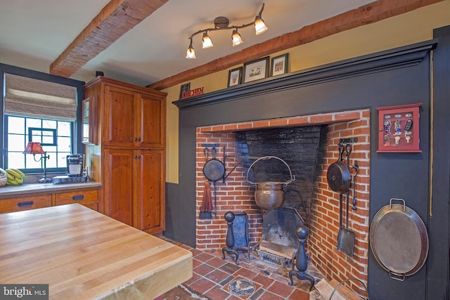 1249 Pebble Hill Rd, Doylestown, PA 18901 - detailed view of a wood stove and beam ceiling