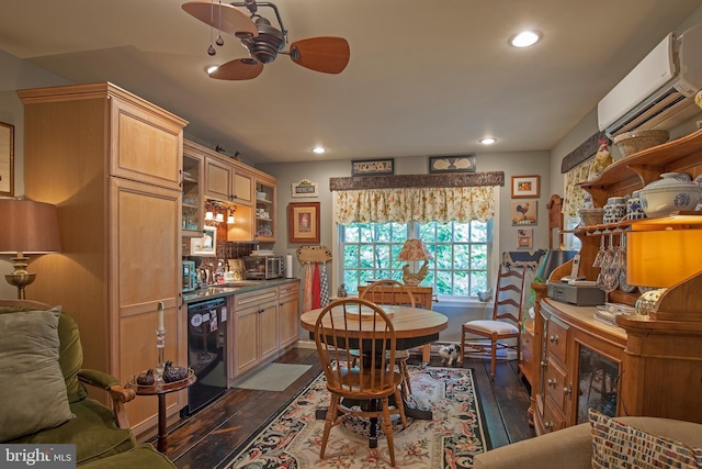 1249 Pebble Hill Rd, Doylestown, PA 18901 - dining space with a wall mounted AC, a ceiling fan, dark wood-style flooring, and recessed lighting