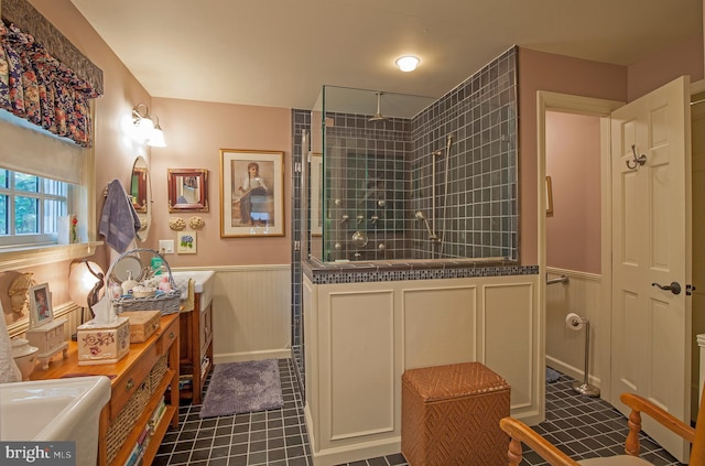 1249 Pebble Hill Rd, Doylestown, PA 18901 - full bathroom featuring wainscoting, a stall shower, tile patterned flooring, and vanity