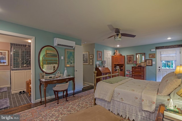 1249 Pebble Hill Rd, Doylestown, PA 18901 - bedroom featuring a wall unit AC, wood finished floors, recessed lighting, ensuite bathroom, and ceiling fan