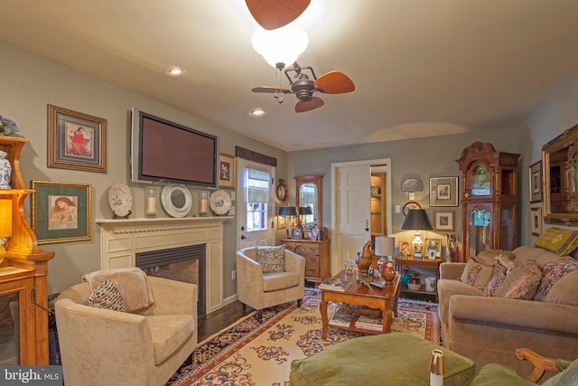 1249 Pebble Hill Rd, Doylestown, PA 18901 - living area with a glass covered fireplace, recessed lighting, wood finished floors, and ceiling fan