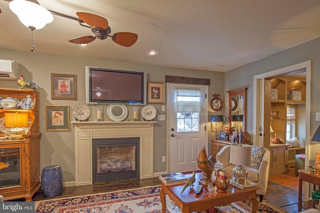 1249 Pebble Hill Rd, Doylestown, PA 18901 - living room with a fireplace, ceiling fan, a wall mounted air conditioner, and recessed lighting