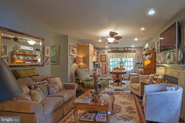 1249 Pebble Hill Rd, Doylestown, PA 18901 - living room with ceiling fan, recessed lighting, a wall mounted air conditioner, and a glass covered fireplace