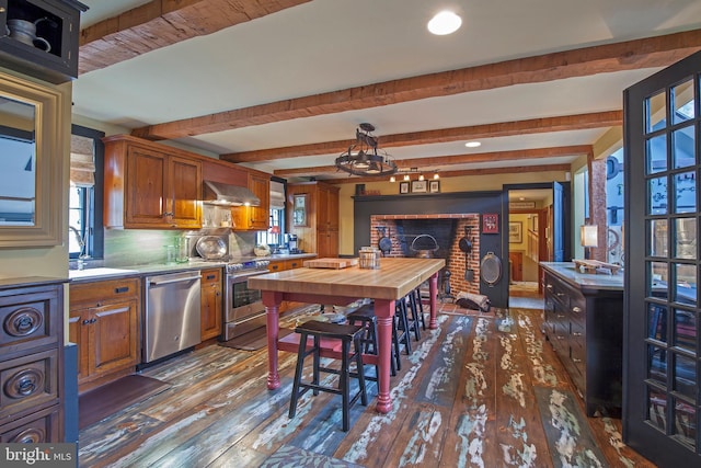 1249 Pebble Hill Rd, Doylestown, PA 18901 - kitchen featuring stainless steel appliances, dark wood-style floors, beamed ceiling, wood counters, and wall chimney exhaust hood
