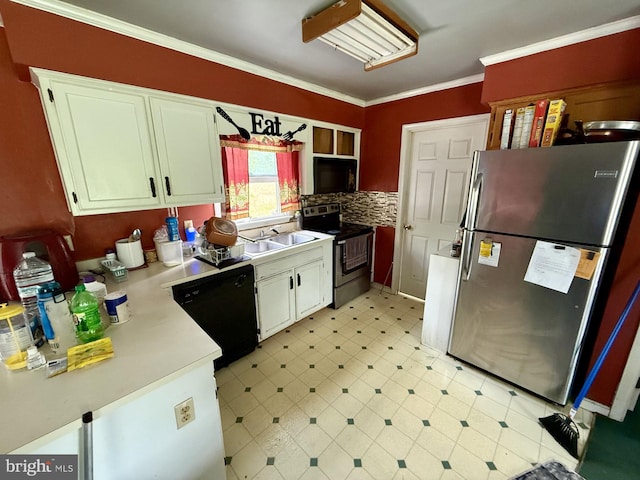 1170 Proctors Purchase Rd, Hartly, DE 19953 - kitchen with black appliances, light countertops, white cabinets, ornamental molding, and decorative backsplash