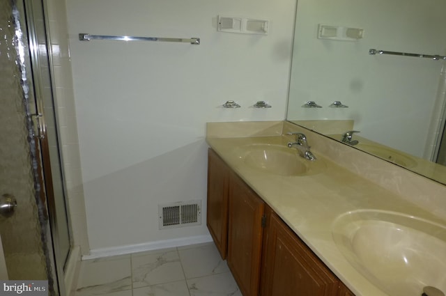 302 Independence Dr, Southampton, PA 18966 - bathroom with double vanity, marble finish flooring, a stall shower, and baseboards