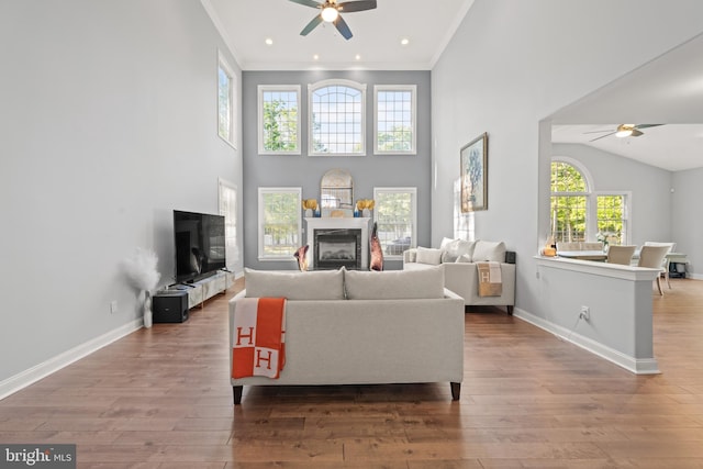2 Jessica Ct, Tabernacle, NJ 08088 - living area with ceiling fan, a fireplace, wood-type flooring, baseboards, and crown molding