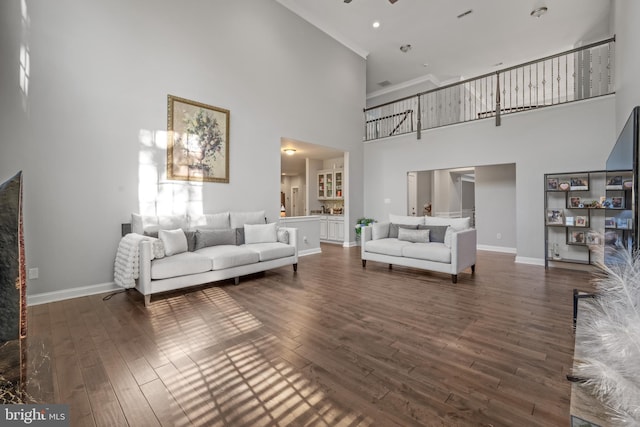 2 Jessica Ct, Tabernacle, NJ 08088 - living room with a towering ceiling, dark wood-style flooring, and baseboards