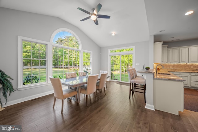 2 Jessica Ct, Tabernacle, NJ 08088 - dining area with healthy amount of natural light, vaulted ceiling, ceiling fan, dark wood-style flooring, and recessed lighting
