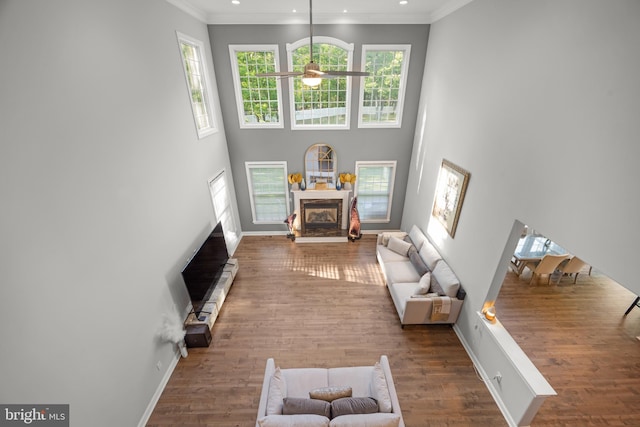 2 Jessica Ct, Tabernacle, NJ 08088 - living room featuring wood finished floors, recessed lighting, ceiling fan, a premium fireplace, and ornamental molding
