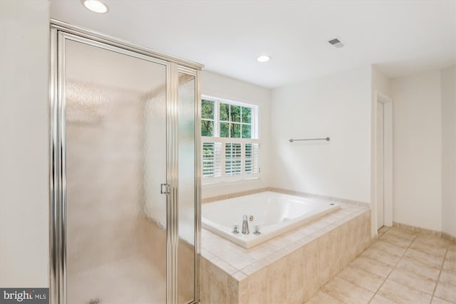 14908 Little Bennett Dr, Clarksburg, MD 20871 - bathroom featuring a garden tub, a stall shower, tile patterned flooring, and recessed lighting