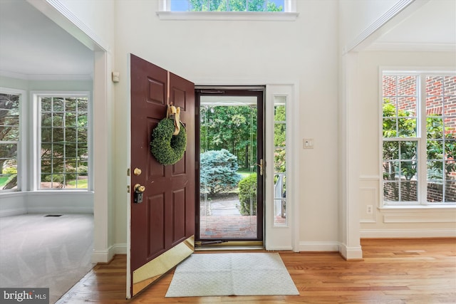 14908 Little Bennett Dr, Clarksburg, MD 20871 - entryway featuring light wood-style floors, ornamental molding, baseboards, and a towering ceiling