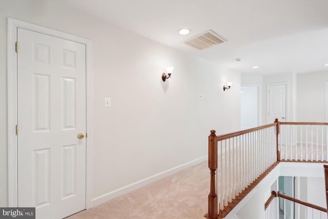 14908 Little Bennett Dr, Clarksburg, MD 20871 - hall with an upstairs landing, carpet flooring, baseboards, and recessed lighting