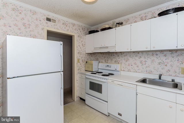 2901 Atlantic Ave Unit 404, Ocean City, MD 21842 - kitchen featuring white appliances, a sink, wallpapered walls, ornamental molding, and under cabinet range hood