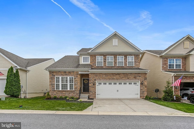43 Triple Crown Dr Unit 441, Taneytown, MD 21787 - view of front of house featuring stone siding, driveway, an attached garage, a front lawn, and a shingled roof