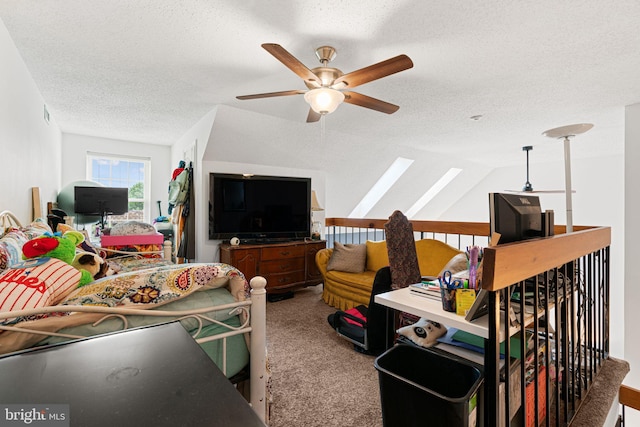 70302 Delaire Landing Rd Unit 302, Philadelphia, PA 19114 - bedroom featuring a textured ceiling, carpet, ceiling fan, a skylight, and lofted ceiling