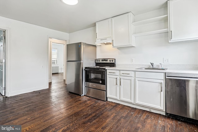 2425 E St NE, Washington, DC 20002 - kitchen with stainless steel appliances, a sink, under cabinet range hood, open shelves, and dark wood finished floors