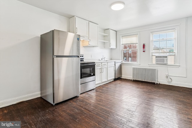 2425 E St NE, Washington, DC 20002 - kitchen featuring radiator, appliances with stainless steel finishes, under cabinet range hood, a sink, and dark wood-style flooring