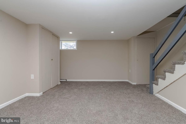 3548 Mcshane Way, Dundalk, MD 21222 - basement featuring carpet floors, stairway, baseboards, and recessed lighting