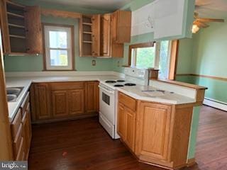 7686 Briar Ln, Pasadena, MD 21122 - kitchen featuring white electric range, open shelves, dark wood-style floors, and light countertops