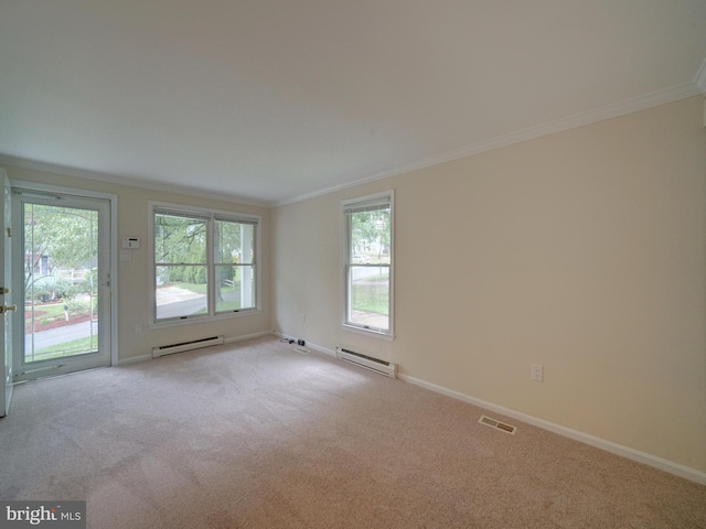 9407 7th St N, Laurel, MD 20723 - carpeted spare room featuring a baseboard heating unit, ornamental molding, and baseboards