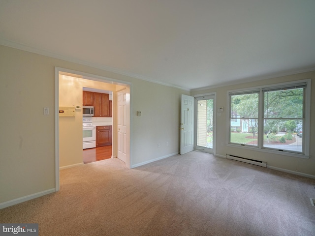 9407 7th St N, Laurel, MD 20723 - unfurnished living room featuring a baseboard radiator, light colored carpet, crown molding, and baseboards