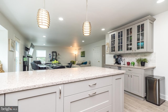 256 Rock Run Rd, Yardley, PA 19067 - kitchen featuring recessed lighting, gray cabinetry, light wood-style flooring, open floor plan, and tasteful backsplash