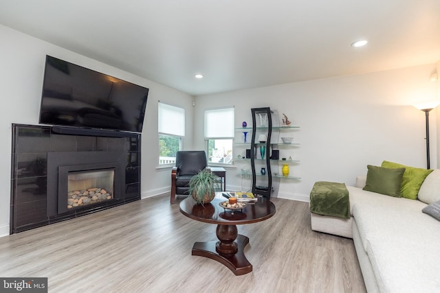 256 Rock Run Rd, Yardley, PA 19067 - living area featuring baseboards, wood finished floors, a glass covered fireplace, and recessed lighting
