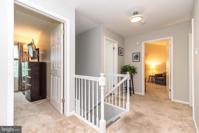 256 Rock Run Rd, Yardley, PA 19067 - hall featuring an upstairs landing, carpet flooring, and baseboards