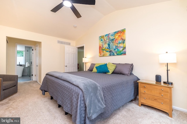 256 Rock Run Rd, Yardley, PA 19067 - bedroom featuring vaulted ceiling, light colored carpet, connected bathroom, and ceiling fan