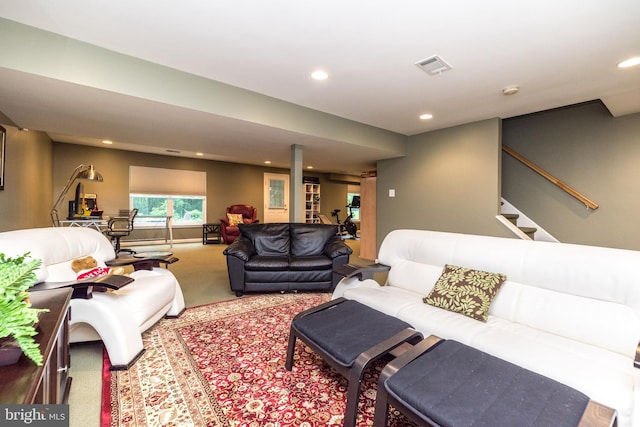 256 Rock Run Rd, Yardley, PA 19067 - living area with carpet flooring, recessed lighting, and stairway
