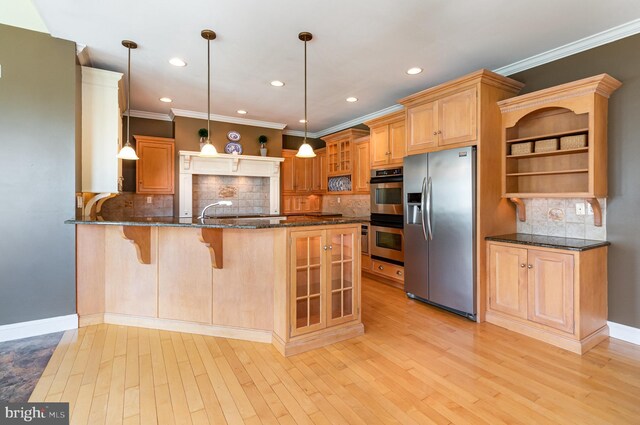 148 Lawn Rd, Palmyra, PA 17078 - kitchen with appliances with stainless steel finishes, backsplash, dark stone countertops, a peninsula, and open shelves
