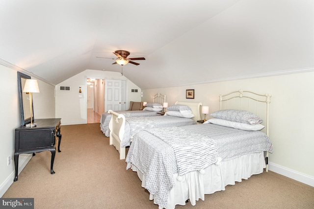 148 Lawn Rd, Palmyra, PA 17078 - bedroom with light colored carpet, vaulted ceiling, baseboards, and a ceiling fan