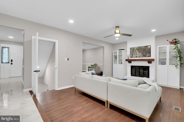 14901 Running Ridge Ln, Silver Spring, MD 20906 - living room featuring a fireplace, recessed lighting, baseboards, and a ceiling fan