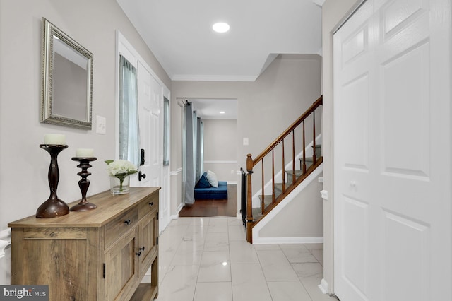 14901 Running Ridge Ln, Silver Spring, MD 20906 - foyer entrance featuring light marble finish flooring, stairway, crown molding, recessed lighting, and baseboards