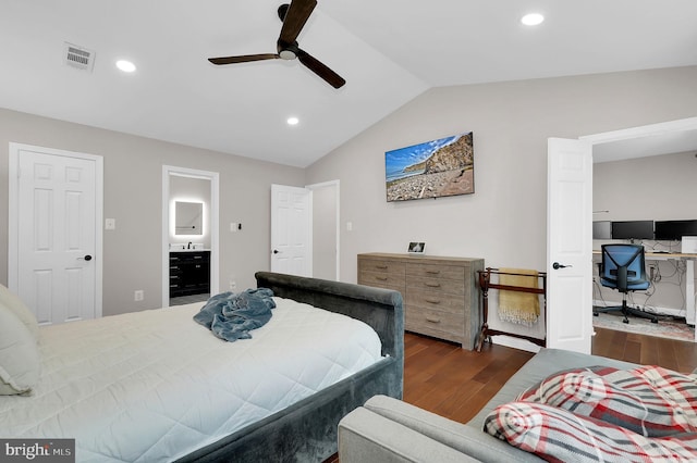 14901 Running Ridge Ln, Silver Spring, MD 20906 - bedroom featuring wood finished floors, an office area, vaulted ceiling, recessed lighting, and ensuite bath