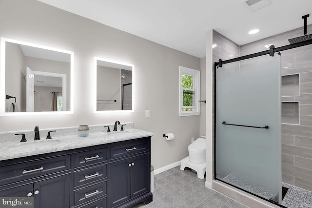14901 Running Ridge Ln, Silver Spring, MD 20906 - full bathroom featuring double vanity, a stall shower, toilet, and baseboards