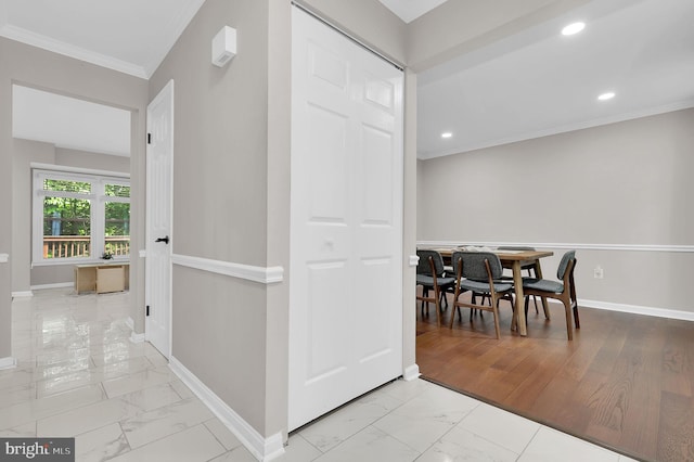 14901 Running Ridge Ln, Silver Spring, MD 20906 - hall with light marble finish floors, baseboards, crown molding, and recessed lighting