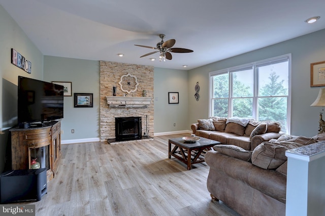 6224 Parkview Ct, Elkridge, MD 21075 - living room featuring ceiling fan, light wood-style floors, baseboards, a fireplace, and recessed lighting